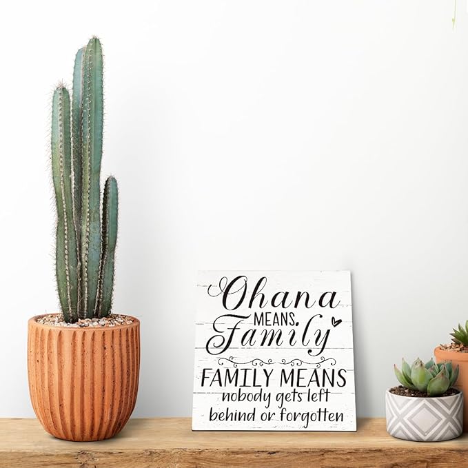 Family Wooden Plaque, “Family Means Nobody Gets Left Behind or Forgotten”, 6.2x6.2 Inch Table Art Sign, Farmhouse Quote Decor for Living Room or Home Tabletop D
