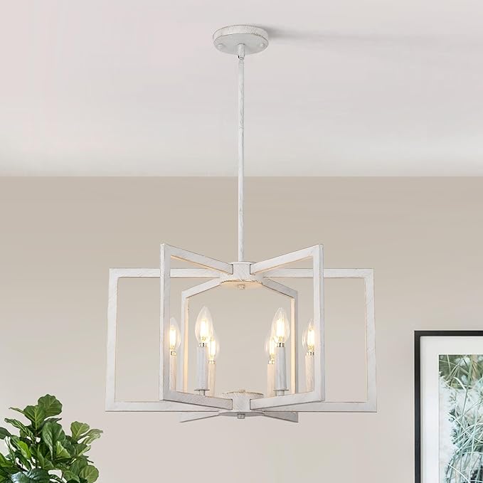 6-Light Modern Farmhouse Antique White Chandelier Light Fixture, French Country Chandeliers for Dining Room, Vintage Metal Geometric Pendant Lighting for Kitchen Island Living Room Entryway