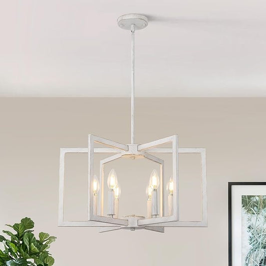6-Light Modern Farmhouse Antique White Chandelier Light Fixture, French Country Chandeliers for Dining Room, Vintage Metal Geometric Pendant Lighting for Kitchen Island Living Room Entryway