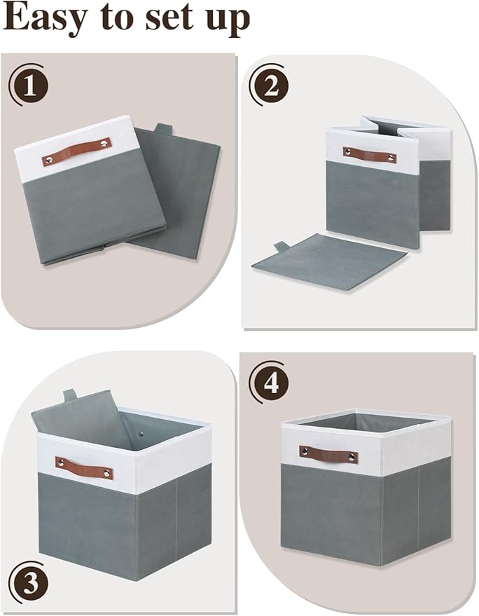 Temary 11x11 Storage Cubes Fabric Cube Storage Bins with Handles Clothes Storage Boxes Baskets for Organizing Home, Shelf, Closet (White&Grey, 11 x 11 x 11)