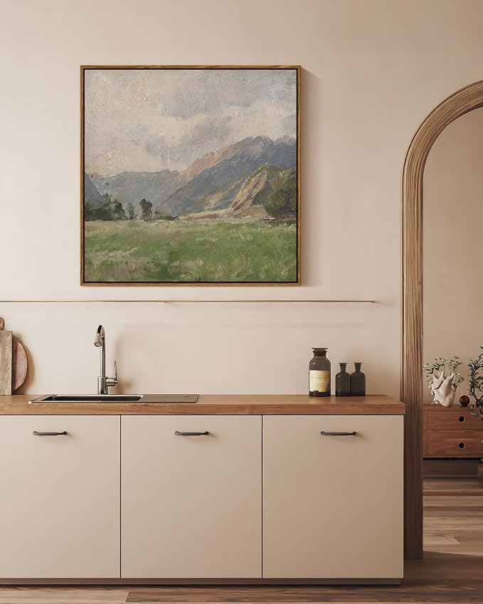 InSimSea Square Framed Canvas Wall Art, Large Decor Retro Prairie Mountain Landscape Paintings, Nature Scenery Wall Pictures for Bedroom Living Room, Canvas Prints Vintage Decor 24"x24"