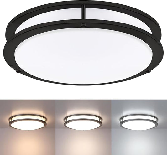 16 Inch Black Flush Mount Ceiling Light Fixture for Bedroom Bathroom, Matt Black LED Ceiling Light 3000K/4000K/5000K Dimmable Flush Mount LED Hallway Fixture, 16in, 25W