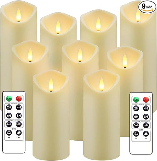Flickering Flameless Candles, Battery Operated Acrylic LED Pillar Candles with Remote Control and Timer,Set of 9 (Ivory)
