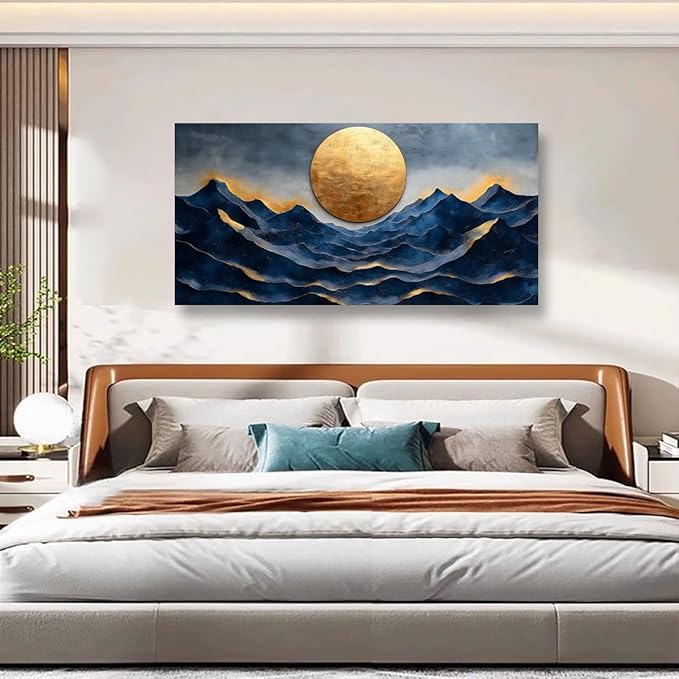 Golden Moon Pictures Canvas Wall Art for Living room Office Bedroom Wall Decor, Landscape Wall Art Print Paintings Modern Golden Blue Scenery Artwork Waterproof Ready to Hang-20x40inch