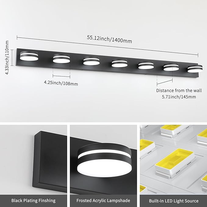 7-Light Bathroom Vanity Light Over Mirror, Matte Black LED Vanity Lighting Fixtures, Modern Bathroom Wall Light Fixtures with 360°Rotating Lamp Head (Cool White 5500K)