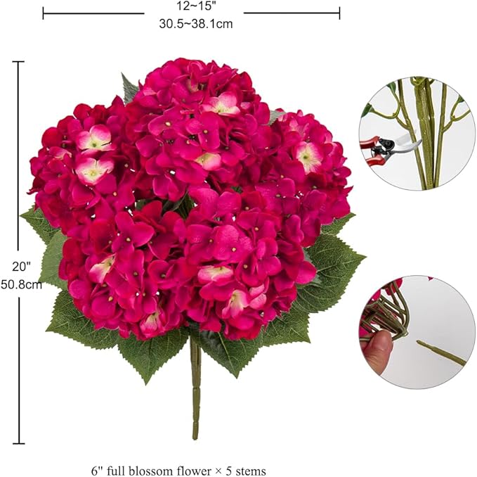 Rose Red Hydrangea Artificial Flowers Large Artificial Hydrangeas Silk Flowers for Home Decor Indoor Wedding Flowers Bouquets Faux Flowers Kitchen Centerpiece Table Decorations