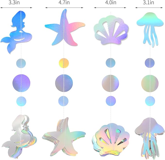 Iridescent Mermaid Birthday Party-Decorations Garland - 40FT Euphoria Under The Sea Jelly Fish Favors,Seashell Starfish Hanging Streamers Swirl,Little Mermaid Baby Shower Banner Decor Panduola
