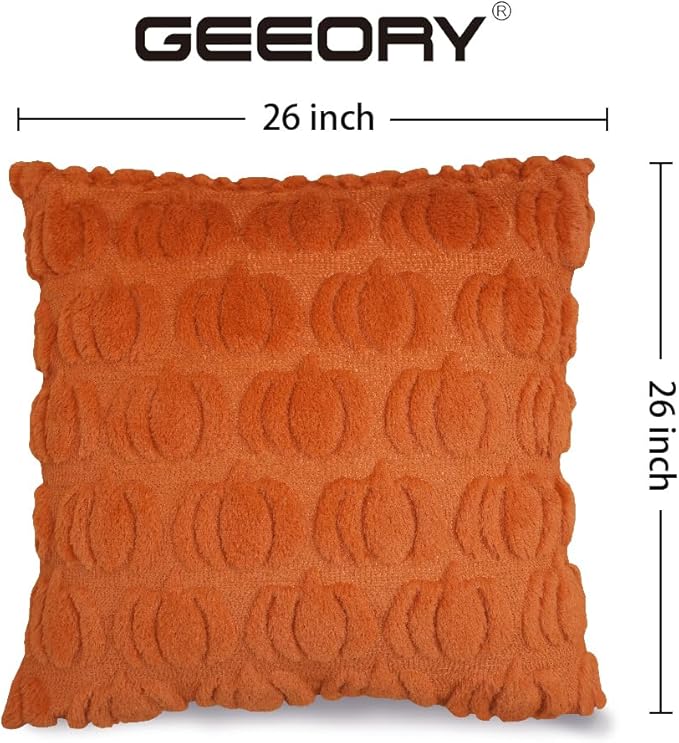 GEEORY Fall Pumpkins Soft Plush Pillow Covers, 26 x 26 Inch Set of 2, Fluffy Faux Fur Wool Decorative Farmhouse Cushion Case for Sofa Home Decoration Rust GC001-26