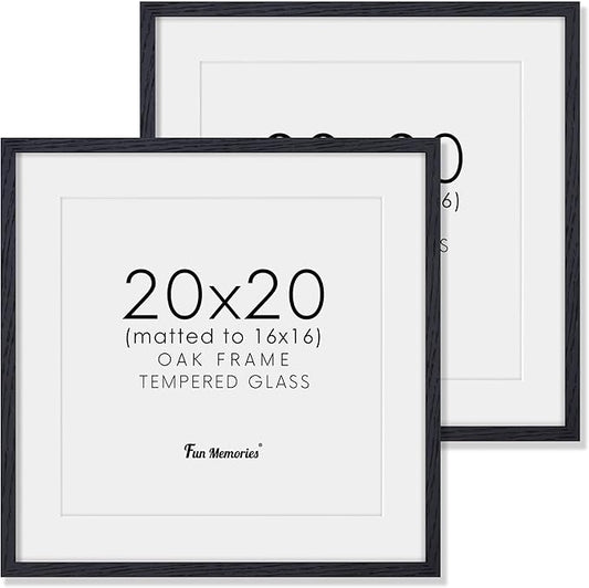 Fun Memories 20x20 Square Picture Frames, Rustic Solid Oak Wood Frame 20 x 20 for Wall, Wooden 20 by 20 Photo Frames with Tempered Real Glass, 20x20 Frame Matted to 16x16, Black Color, Set of 2