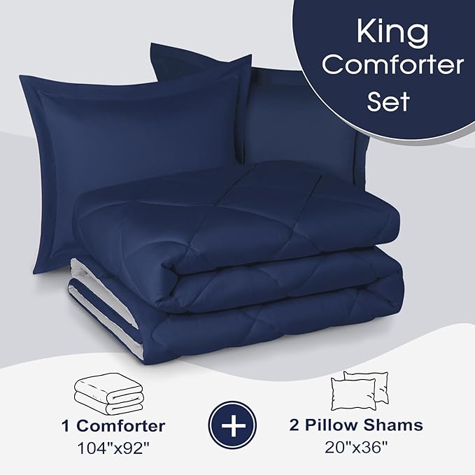 Beyond King Size Navy Blue Reversible Comforter for All Seasons - King, 1 Comforter 104"x92" & 2 Pillow Shams 20"x36"+2"