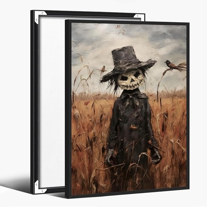 Vintage Fall Wall Art Cute Scarecrow in Field Posters Scarecrow Pictures Canvas Prints Autumn Cornfield Cottage Core Halloween Room Decor 16x24inch black framed