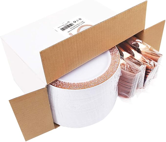 WDF 200 Pieces Rose Gold Dessert Plates with Forks, 100Pcs Lace Design Cake Small Rose Gold Appetizer Plates 7.5" and 100 Pcs Forks 7.4" for Wedding/Party