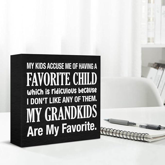 My Kids Accuse Me of Having a Favorite Child Wooden Sign Grandparents Day Decorations, Grandparents Gift Ideas Wood Block Plaque Box Sign for Home Desk Shelf Table Decorations 5 X 5 Inch - Black