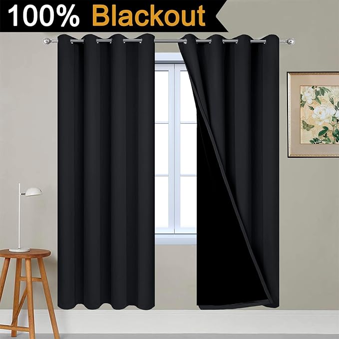 Yakamok 72 Inch Length 100% Blackout Curtains for Bedroom, 2 Thick Layers Thermal Insulated Grommet Total Blackout Drapes with Black Liner for Living Room (52Wx72L,Black, 2 Panels)