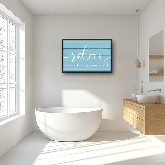 Lovira Relax Soak Unwind Large Wall Art Bathroom Blue Canvas Wall Decor Pictures Prints Painting Framed Home Artwork for Bathroom 24"x36"