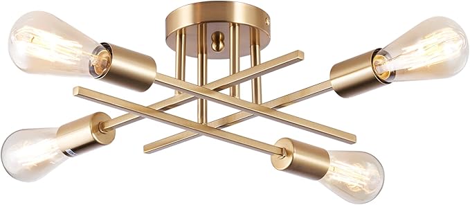 Sputnik Chandeliers, Modern Semi Flush Mount Ceiling Light with E26 Base, Mid Century Industrial Kitchen Farmhouse Light Fixtures for Bedroom Living Room (Brass, Ceiling 4 Lights)