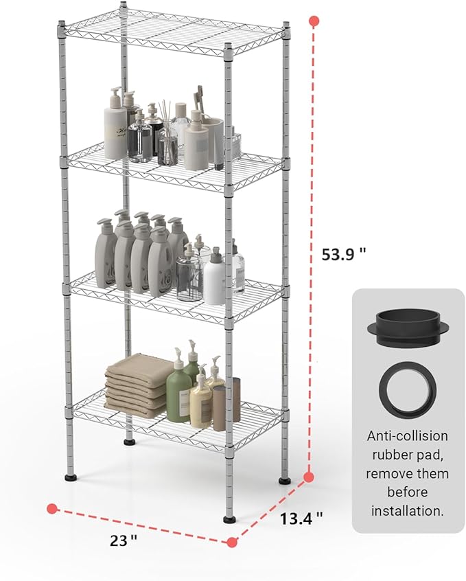 4 Tier Shelving Unit, 176 LBS Per Shelf Height Adjustable Narrow Storage Shelves, Heavy Duty Metal Garage Metal Shelves for Kitchen, Restaurant, Pantry, Laundry, Chrome