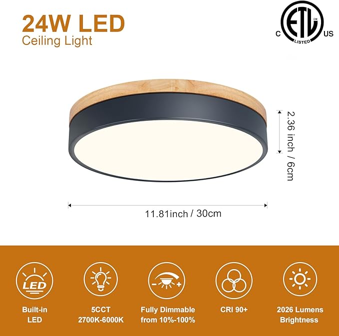 Dimmable Wood LED Ceiling Lights, Modern 2700K-6000K 5CCT Round Grey Flush Mount Lighting Fixture, Minimalist Ceiling Lamp for Bedroom, Kitchen, Hallway, Laundry Room-11.8in
