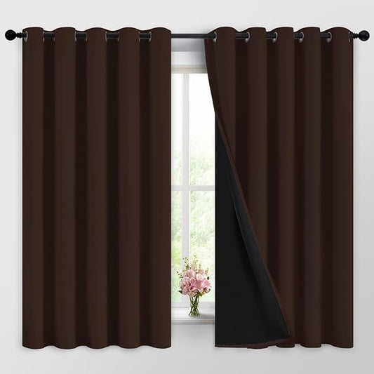 Yakamok 100% Blackout Curtains for Bedroom, 2 Thick Layers Thermal Insulated Grommet Total Blackout Drapes with Black Liner for Living Room (62Wx63L,Chocolate Brown, 2 Panels)