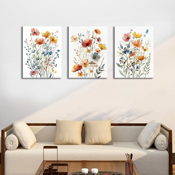 Watercolor Flower Wall Art for Living Room Flower Pictures Wall Decor Orange Floral Canvas Art Colorful Wildflower Poster Prints for Bedroom Bathroom Home Decor 12"x16"x3pcs