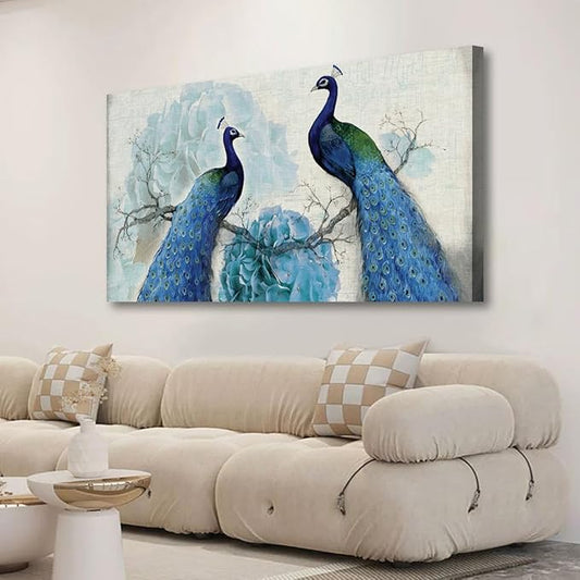Peacock Canvas Wall Art for Living room Office Bedroom Animal Wall Art Print Oil Paintings Modern Beautiful Flowers Pictures Blue Wall Decor Artwork Waterproof Ready to Hang - 20in * 40inch