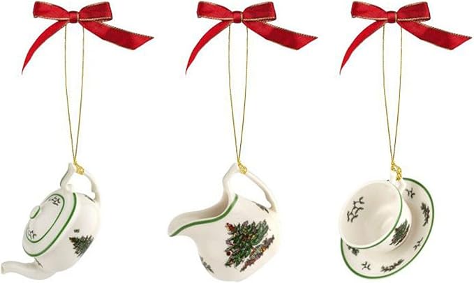 Spode Christmas Tree 3-Piece Tea Set Ornament, Durable Holiday Ornament for Festive Decor & Winter Wonderland Display - Sleek Seasonal Ornaments for Tree, Mantel, Holiday Home Decoration