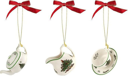Spode Christmas Tree 3-Piece Tea Set Ornament, Durable Holiday Ornament for Festive Decor & Winter Wonderland Display - Sleek Seasonal Ornaments for Tree, Mantel, Holiday Home Decoration