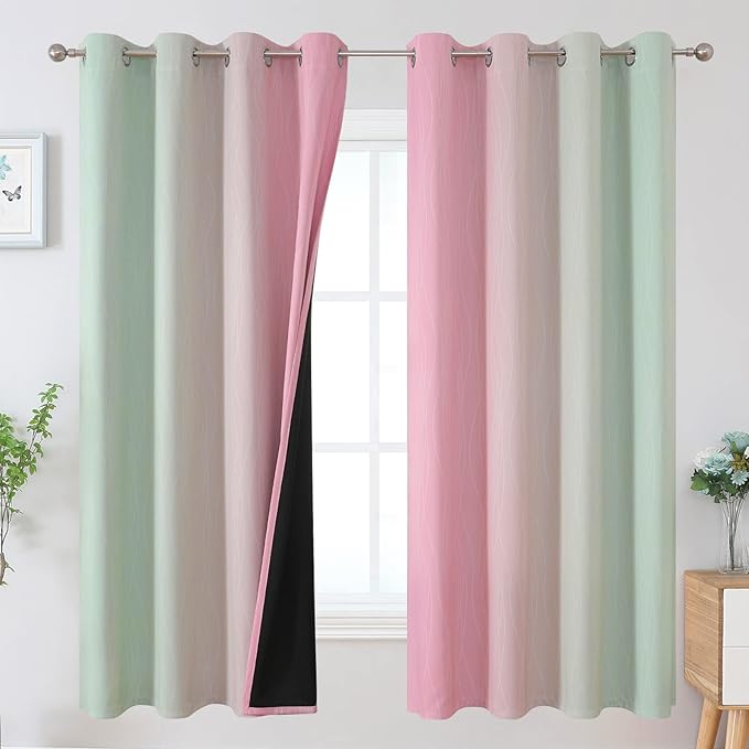Estelar Textiler Ombre Sage Green and Pink Blackout Curtains 63 Inch Length 2 Panels for Playroom, Gradient Thermal Insulated Full Light Blocking Grommet Blackout Drapes for Kids Room, 52Wx63L