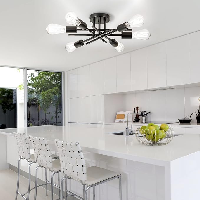 Sputnik Chandeliers, Modern Semi Flush Mount Ceiling Light with E26 Base, Mid Century Industrial Kitchen Farmhouse Light Fixtures for Bedroom Living Room (Black, Ceiling 6 Lights)