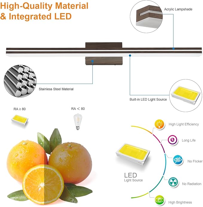 SineRise LED Modern Bathroom Vanity Light Fixtures (40-Inch, 3000K/4000K/6000K, Dimmable), Brown Wood Painted Modern Acrylic Bathroom Wall Lighting Fixtures Over Mirror