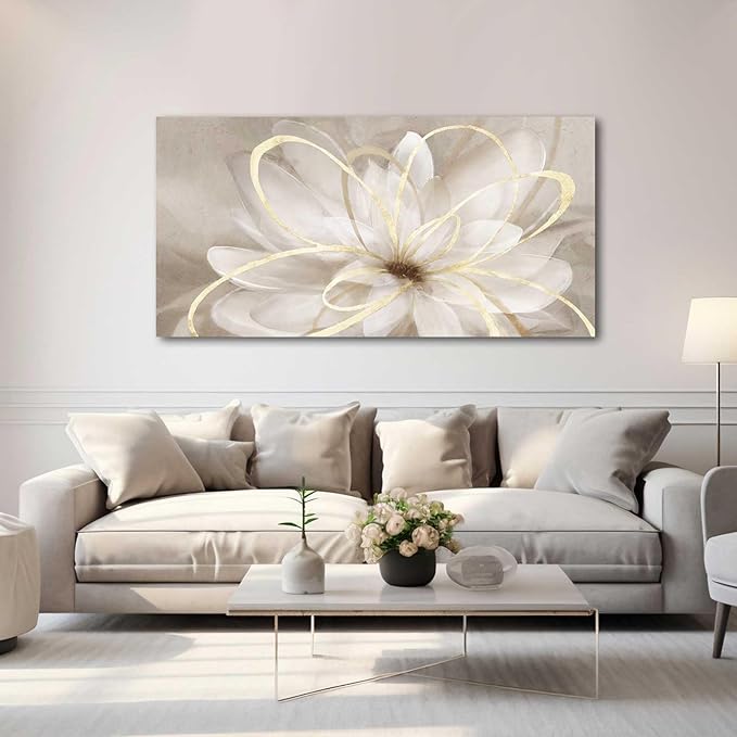 Kureful Gold Wall Decor Floral Canvas Wall Art Flower Pictures for Wall Grey Background Office Wall Decorations 24"x48" Art for Home Kitchen Hotel