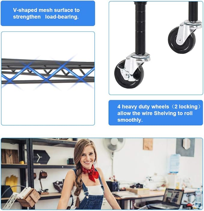 PayLessHere | 6-Tier Wire Shelf with Wheels | 48"x18"x82" | Black | Adjustable Racks | Heavy-Duty Storage Shelves, Holds Upto 510 lbs | Rust-Resistant, No-Tool Assembly | for Home, Garage Shelving