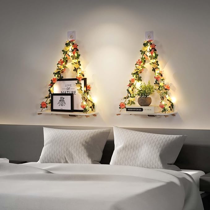 Floating Shelves for Wall No Drilling,Wall Dcorations Art,Hanging Shelf,Leaves and Light Strip with Flower,Set of 2 Plant Decor for Home House Livingroom Bedroom Officer,Boho Decor,Gifts for Woman