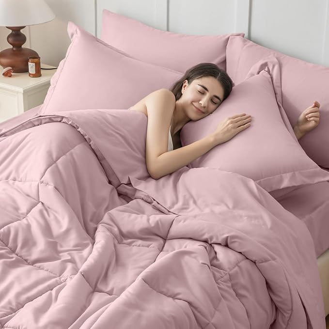 JOLLYVOGUE Twin XL Comforter Set, Ultra-Soft Bed in a Bag Twin XL Size 5 Pieces, Oeko-TEX Certified Bedding Set with Down Alternative Comforter, Sheets, Pillowcases & Shams, Camio Pink