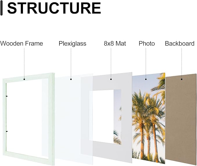 Vittanly 12x12 Picture Frames Set of 9, Shatter Resistant Plexiglass, Display 8x8 Pictures with Mat or 12x12 without Mat, Photo Frames for Wall Mount, Engineered Wood, Vintage Green