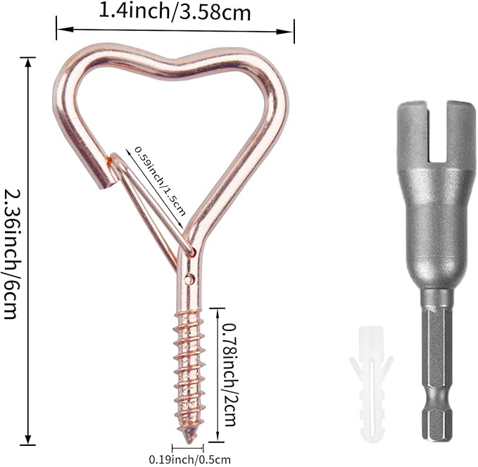 Lamp Wire Hook，Heart-Shaped Screw-in Wall Hooks for Outdoor Decor, Champagne Metal, Key Hook，Decorative Plant Hanging，Clothes Hook (Rose Gold, 25Pcs)