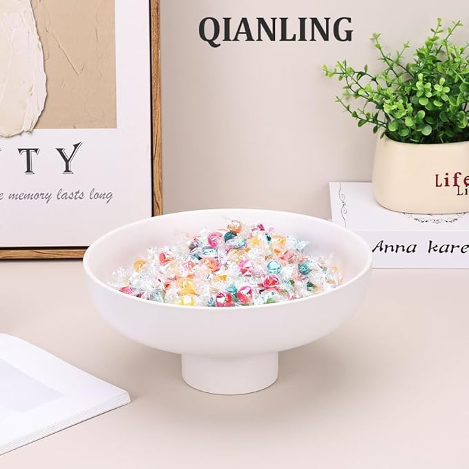 QIANLING Modern Large Decorative Bowl - White Fluted Pedestal Bowl, Multi-Functional Fruit Bowl, Key Bowl, Candy Dish, Ideal for Entryway Table, Kitchen Counter, Living Room, Coffee Table Decor