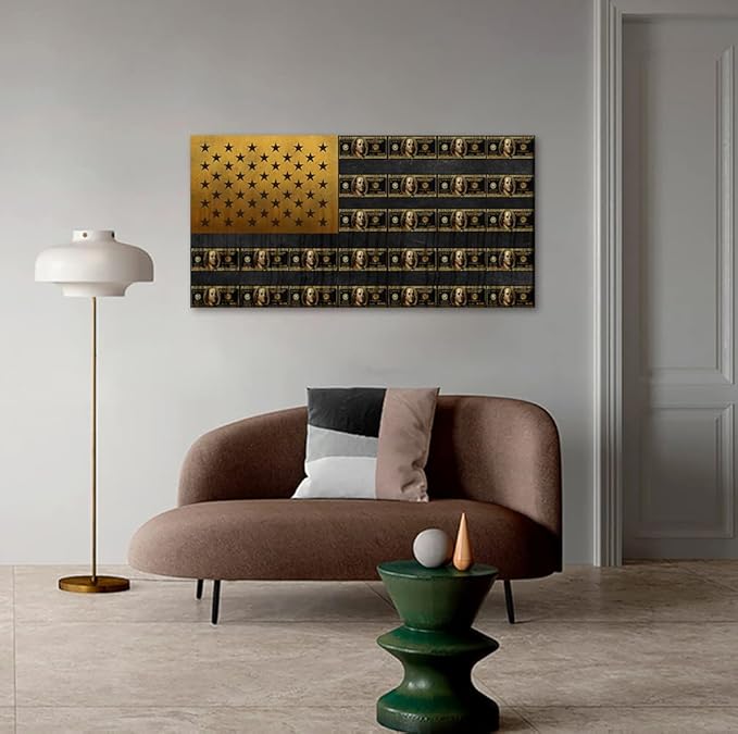 Creative American Flag Wall Art American Flag Made Up of Dollars Art Print Office Artwork Wall Decor Retro Money USA Flag Abstract Work Pictures for Office Decor Gallery-Wrapped Easy to Hang-32"Wx16"H