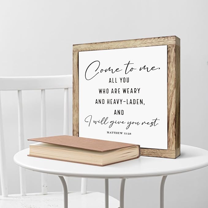 Scripture Sign, I Will Give You Rest Sign, Wooden Plaques Box Signs, Farmhouse Table Decor, Home Decor Accent, Inspirational and Reassuring Wood Sign, Matthew 11:28 Sign, Bible Verse Sign