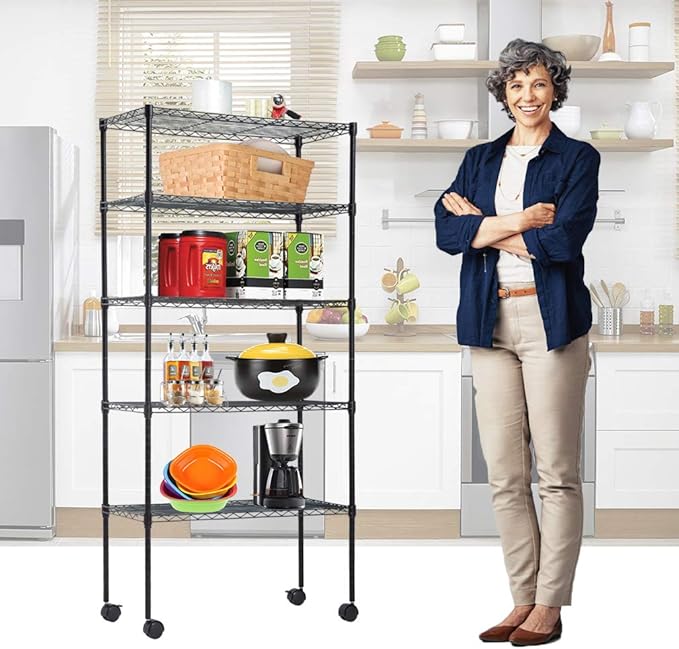 BestOffice | 5-Tier Wire Storage Shelves with Wheels | 14x30x60 | Black | Adjustable Racks | Heavy-Duty Metal Shelf, Holds Upto 220 lbs | No-Tool Assembly | Ideal for Home & Garage Shelving