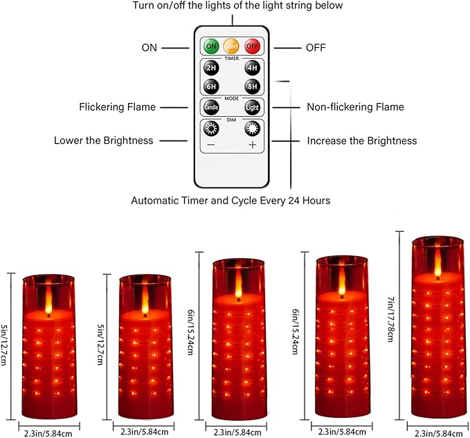 Flameless Candles with Embedded Star String - Flow Flicker Battery LED Candles, Realistic Flame, Red Set of 5 | Holiday Decoration, Wedding, Party Adding to The Family Atmosphere