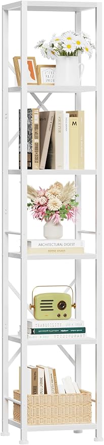 Furologee White Bookshelf 6 Tier Tall Narrow Bookcase, Modern Display Standing Shelf Unit, Metal and Wooden Storage Corner Shelves Organizer for Bedroom, Living Room, Office, Bathroom