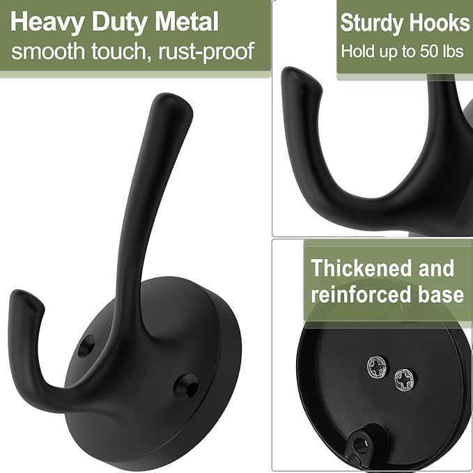 Black Towel Hooks for Wall, 5 Pack Coat Robe Hook Heavy Duty Metal Double Bath Hook Wall Mounted, Hat Hooks for Cubicle Bathroom Kitchen Closet Garage