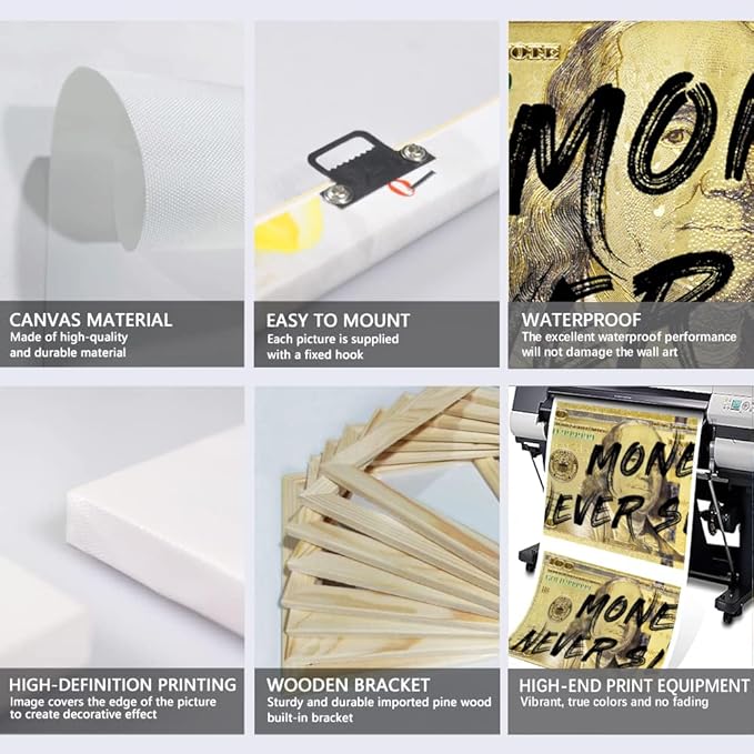 Money Wall Art - Yellow Golden 100 Dollar Bill Canvas Print, Framed Inspirational Quotes Wall Decor Money Never Sleeps Motivational Artwork Ready to Hang-32x16 inch