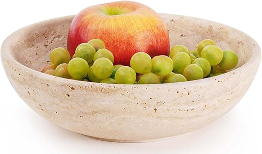 Marble Fruit Bowl 8 Inch Handmade Travertine Large Decorative Bowls For Kitchen Counter, Dining & Coffee Table Centerpiece - Modern Pedestal Bowl for Entryway and Home Decor