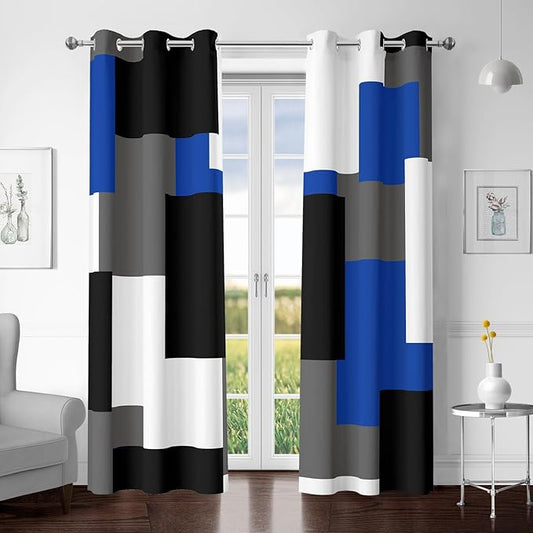 Blue Gray 100% Blackout Curtains for Bedroom 96 inch Length 2 Panels Set White Grey Modern Abstract Geometric Black Out Curtains Insulated Room Darkening Window Drapes for Living Room, 42Wx96L
