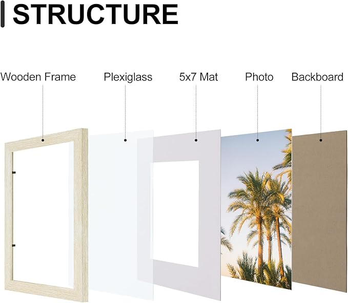 Vittanly 8x10 Picture Frames Set of 9, Shatter Resistant Plexiglass, Display 5x7 Pictures with Mat or 8x10 without Mat, Photo Frames for Wall or Tabletop, Engineered Wood, Cornsilk