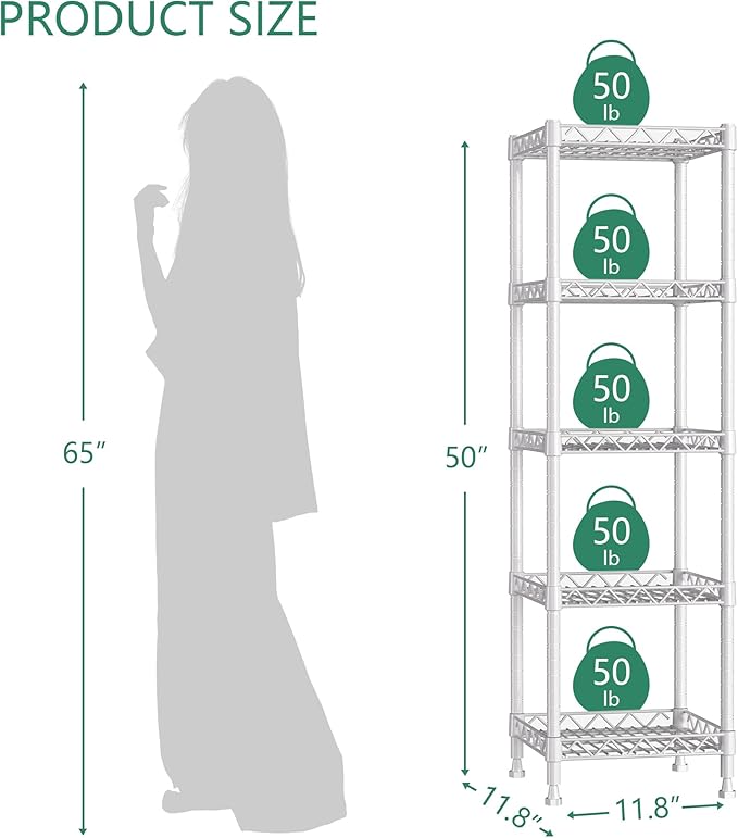 GIOTORENT 5 Tier Standing Shelving Metal Units, Adjustable Height Wire Shelf Display Rack for Laundry Bathroom Kitchen 11.8 W x 11.8 D x 50 H (5-Tier, White)