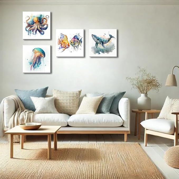 Colorful Marine Life Canvas Wall Art for Bathroom Decor, Green Jellyfish Picture Print, Watercolor Fish Artwork Sea Life Blue Orange Octopus Painting Poster for Bedroom Living Room Decoration 16"x16"