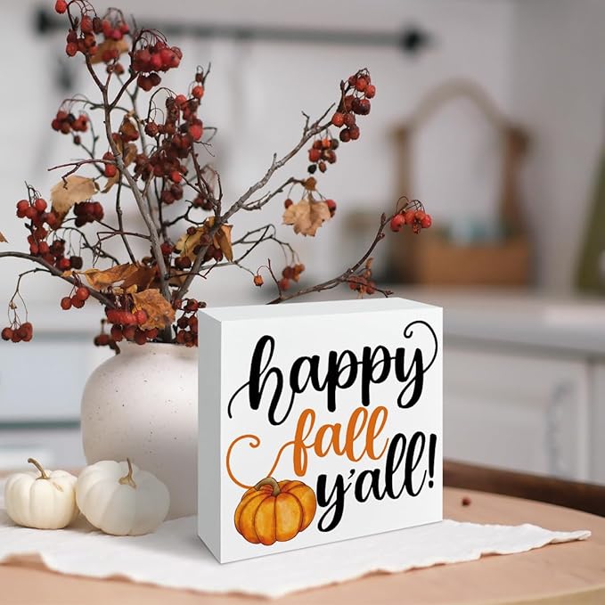 Happy Fall Y'all Sign, Autumn Wooden Box Plaques, Country Style Decoration for Home Farmhouse, Coffee Bar Decors, Table Shelf Decoration, Autumn Gift, Fall Wood Signs A2